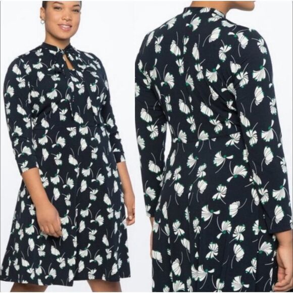 ELOQUII Navy Blue Petal Pusher Floral Tie Neck Long Sleeve Midi Dress, size 16 - Picture 1 of 14